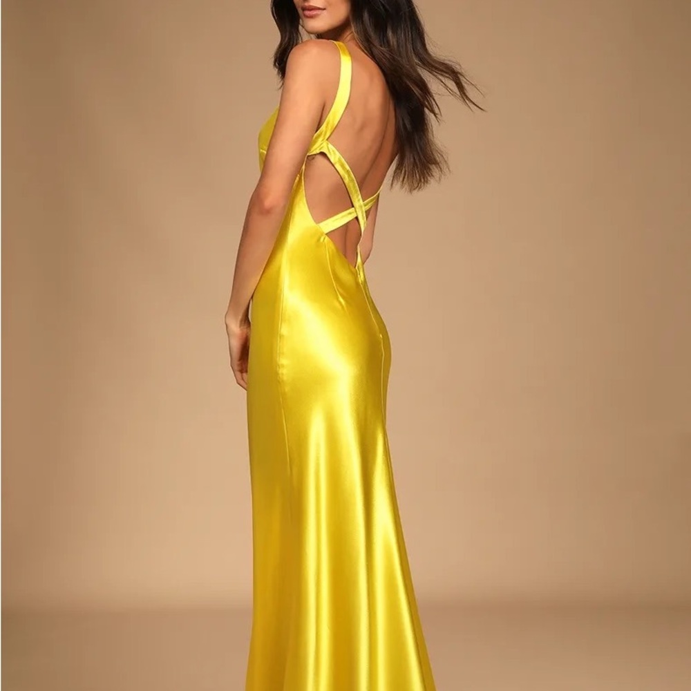 Lulu’s perfectly classy yellow satin strappy maxi dress